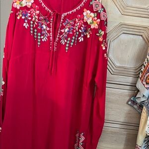 Johnny Was Red Embroidered Floral Peasant Tunic